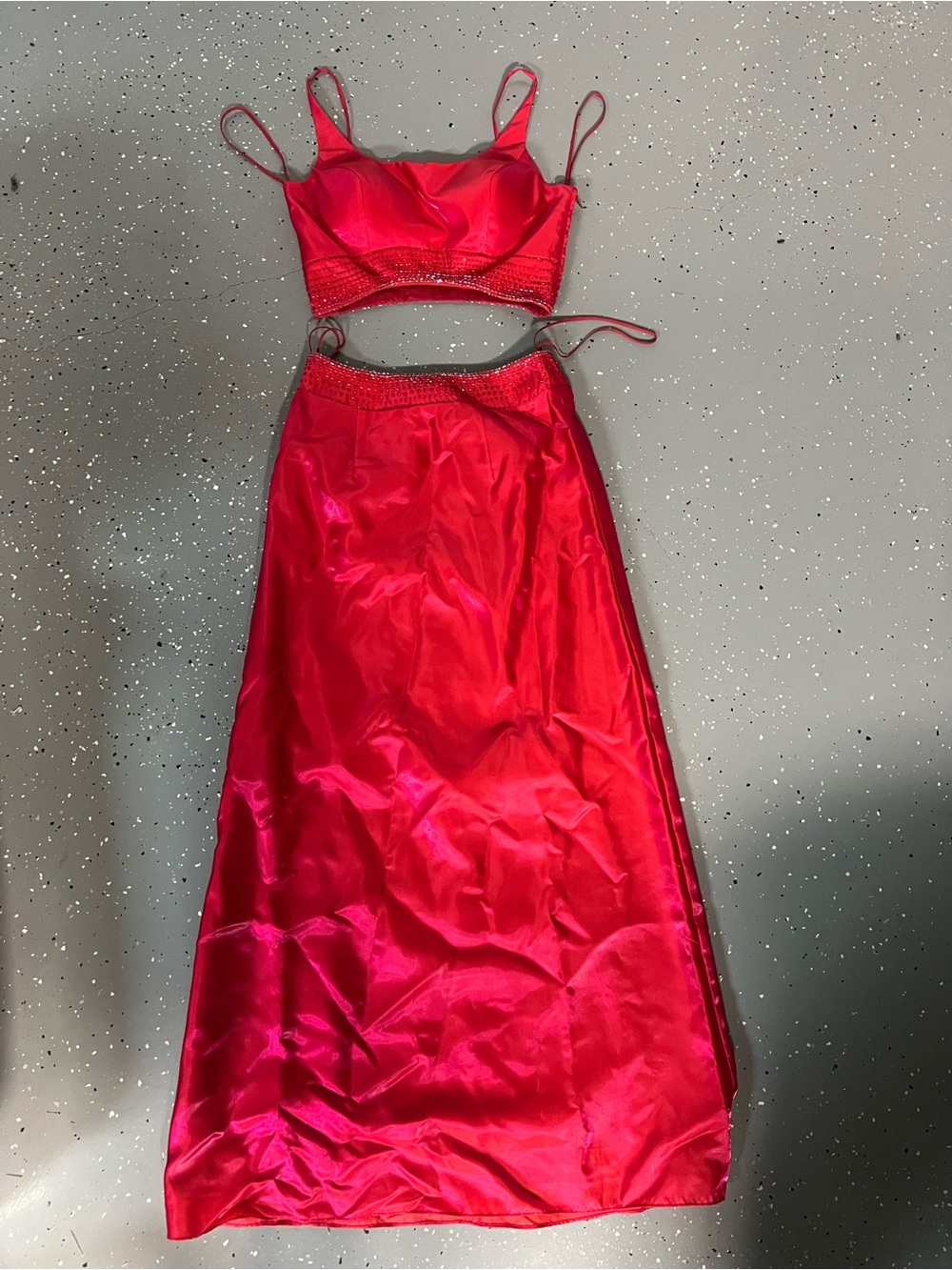 Red Two-Piece Satin Prom Dress with Beaded Waistband